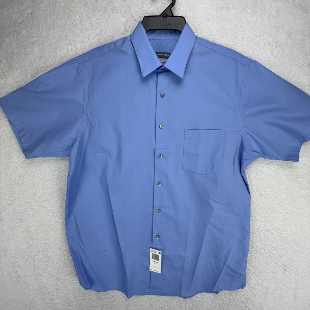 Van Heusen Men Short Sleeve Button Down Shirt Blue Regular Fit Wrinkle Free 18.5